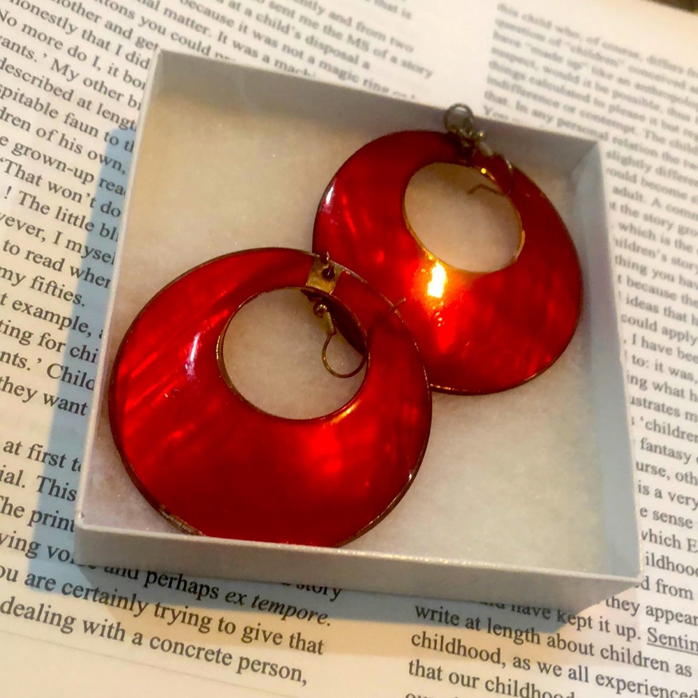 Vintage Red Dangle Hoop Earrings